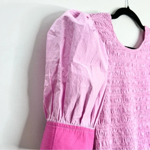 NWT GANNI COLOUR BLOCK Organic COTTON POPLIN SMOCKED MINI DRESS IN PHLOX PINK 38 - Picture 11 of 17